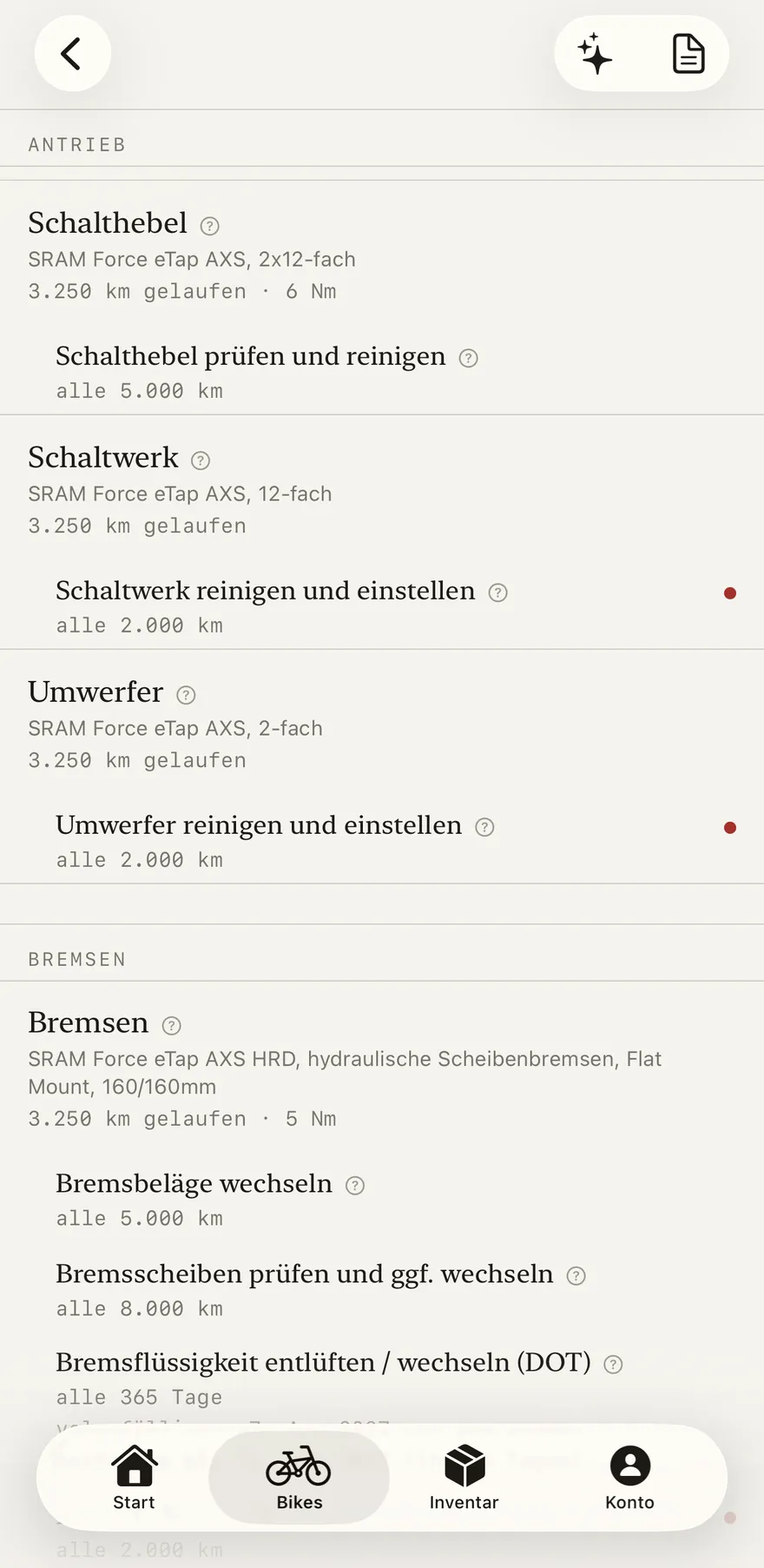 Komponentenliste mit eigenem Kilometerstand je Teil.
