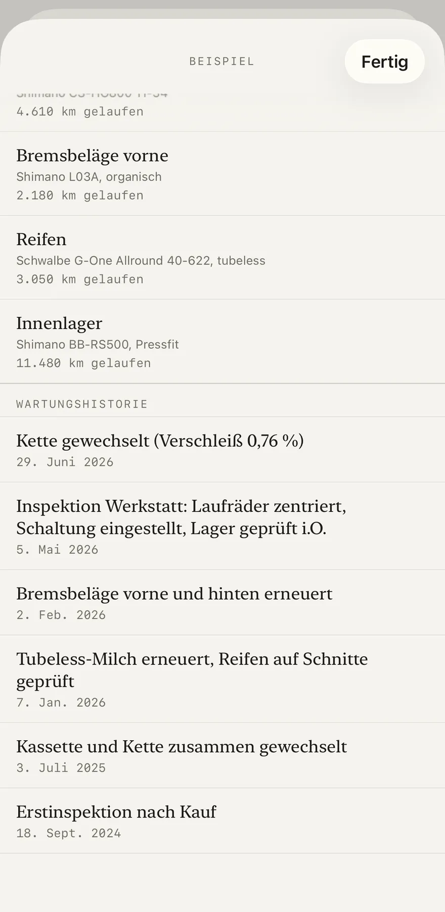 Scheckheft eines Rads: Komponenten mit Laufleistung und die Wartungshistorie.