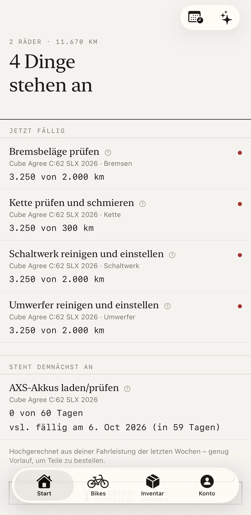 Startseite der App: vier anstehende Arbeiten mit Kilometerstand je Teil.