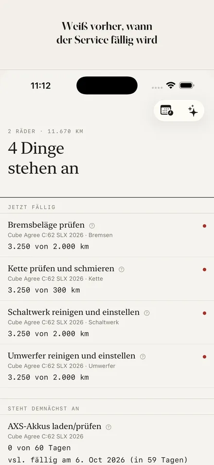 Startseite: anstehende Services mit Prognose