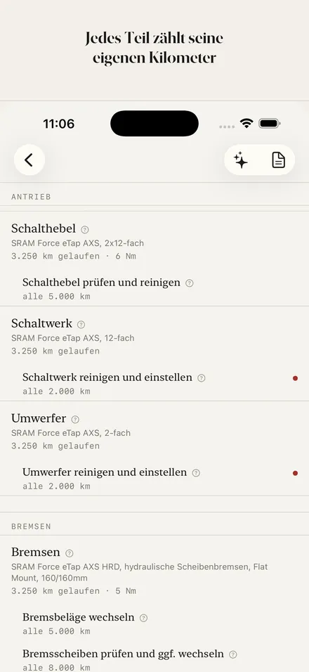 Komponentenliste mit eigener Laufleistung je Teil