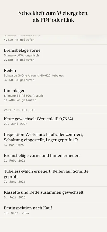 Wartungshistorie mit Datum und Kilometerstand, als PDF exportierbar
